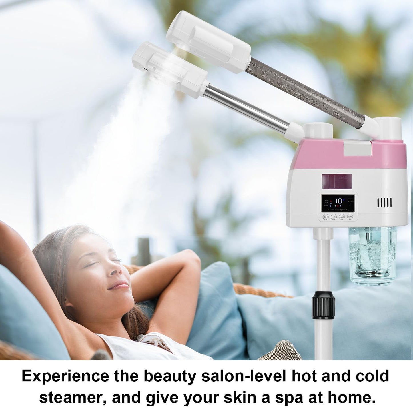 Professional Facial Steamer,2 in 1 Facial Steamers with Hot&Cool Mist, Height Adjustable Face Steamer, Pink Esthetician Steamer for Home Salon Spa