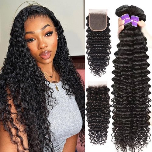 Deep Wave Bundles with Closure (12 14 16+10，Free Part) 100% Unprocessed Brazilian Virgin Hair Weave Bundles with Lace Closure Curly Virgin Human Hair Weft Natural Color for Black Women