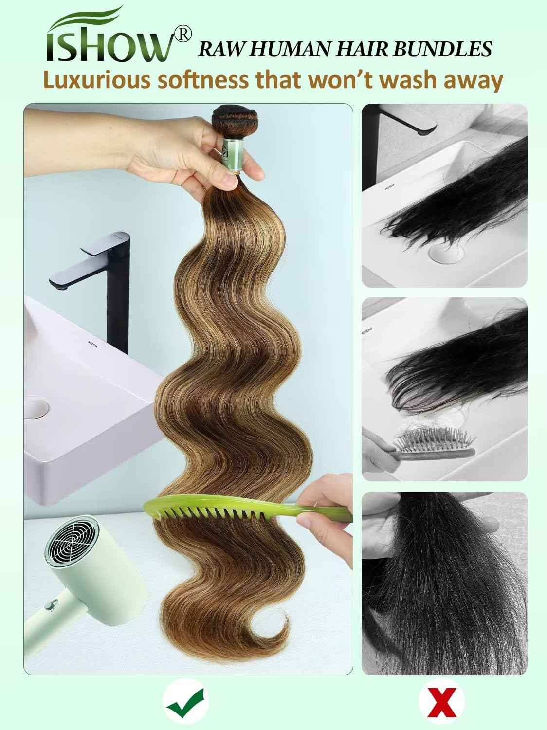 ISHOW Raw Human Hair Bundles, 100% Unprocessed Virgin Human Hair, 15A Body Wave Premium Quality Bundles Producer, 18 Inch Single Bundle, Long Lasting, Ombre Honey Blonde Color P4/27