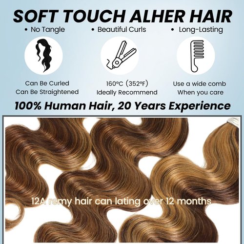 ALHER 4/27 Honey Blonde Highlight Body Wave Closure 13x4 Lace Frontal Human Hair Ombre Colored Wavy 12A Virgin Remy Hair Undetectable Transparent Melt Ear to Ear Lace Frontal Closure 20 Inch