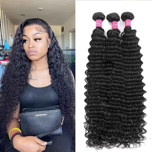 Deep Wave Bundles Human Hair 3 Bundles 12A Brazilian Virgin Human Hair Deep Curly Wave Extensions 100% Unprocessed Human Hair Weave Bundles Natural Black Color 12 14 16 Inch