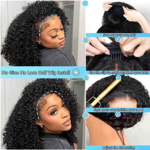 QUANDIAN Kinky Curly 3 In 1 Half Wig Human Hair 200% Density Wear Go Glueless Wigs Human Hair for Women 16 Inch Afro Curly Seamless Flip Wig Invisible Hairline Beginner Friendly