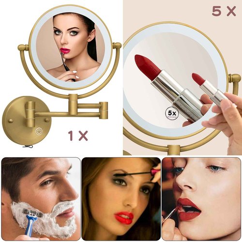 RECKODOR Brass Wall Mounted Makeup Mirror with Lights and Magnification, Rechargeable Lighted Magnifying Mirror Wall Mount with 1X and 5X, Brushed Antique Brass Bathroom Arts Ware