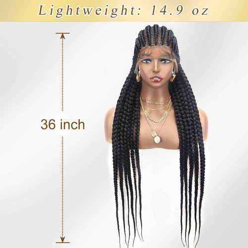 Alebery 36" Full Lace Braided Wigs for Black Women Jumbo Box Braids Lace Front Wig with Baby Hair Lightweight Synthetic Lace Frontal Black Cornrow Twisted Wigs (Black)