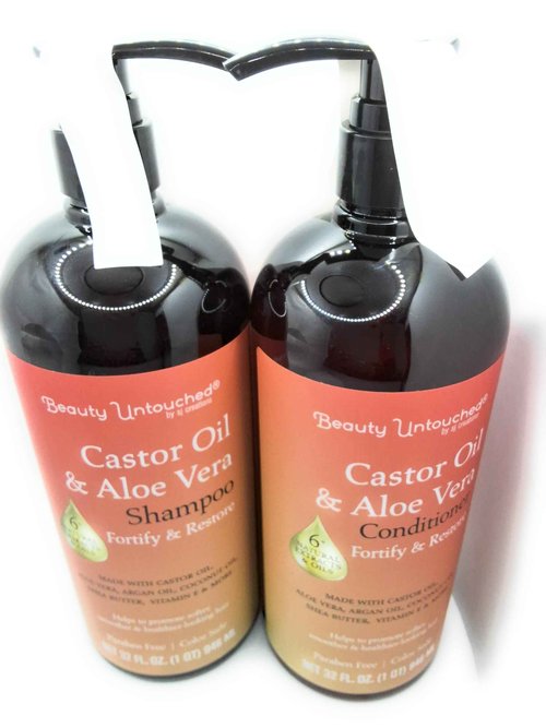 sj creations, Beauty Untouched Castor Oil & Aloe Vera Hair Care Duo, Fortifying & Restoring Shampoo and Conditioner Set, 64 fl oz (Castor Oil/Aloe Vera)