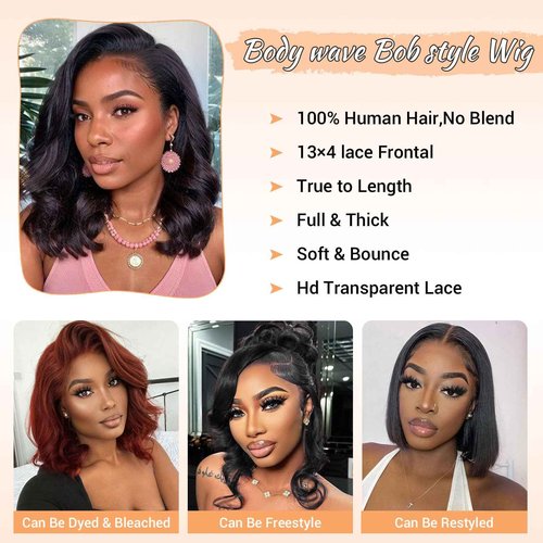 MOOTAFUL Bob Wig Human Hair 13x4 HD Lace Front Wigs Human Hair Pre Plucked 200% Density Glueless Short Body Wave Bob Wigs for Black Women with Baby Hair 12 Inch