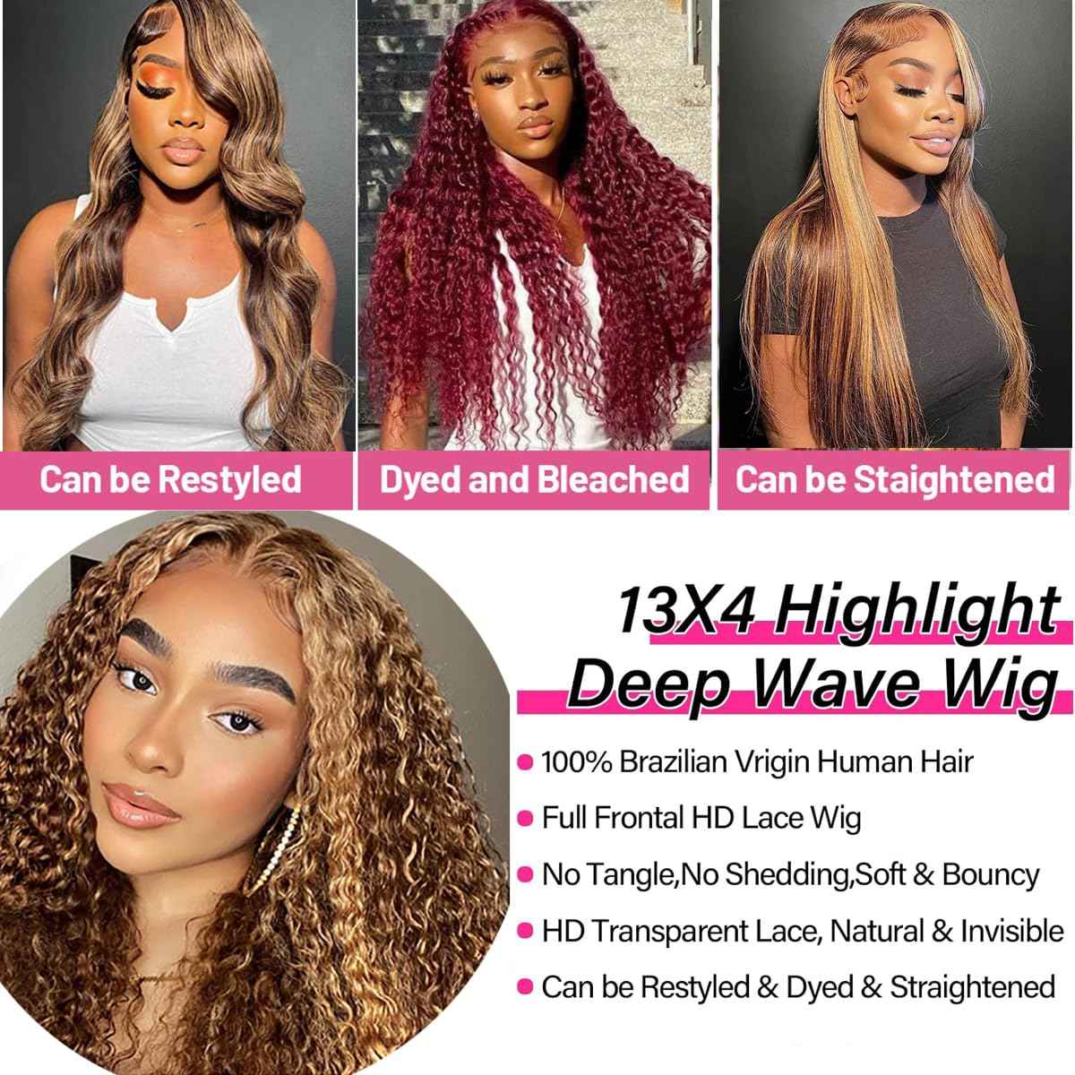 Highlight Lace Front Wig Human Hair 13x4 Ombre Deep Wave Wigs Human Hair 180% Density Honey Blonde Colored Deep Curly HD Lace Frontal Wigs for Black Women Wet Wavy Pre Plucked with Baby Hair(26 Inch)