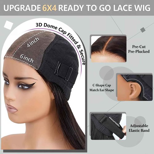 Wear and Go Glueless Wigs Human Hair Pre Plucked Pre Cut 6x4 HD Lace Front Wigs Human Hair Straight Human Hair Lace Front Wigs for Women 26 Inch