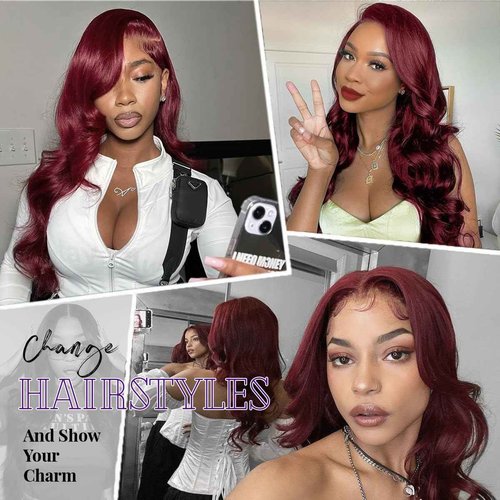 HaEver 30 Inch 99J Burgundy Lace Front Wigs Human Hair Pre Plucked 200% Density Body Wave Lace Front Wigs Human Hair Red Wig HD Transparent Full Frontal 13x6 Glueless Colored Natural Wig For Woman