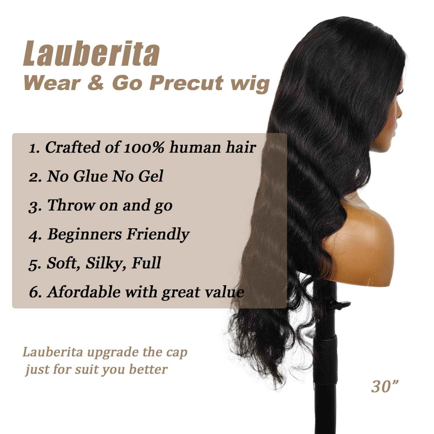 Lauberita 30 Inch 5x5 HD Lace Closure Wigs Human Hair Glueless Wigs Pre Plucked Pre Cut for Beginners 180% Density Body Wave Lace Front Wigs Human Hair Glueless Wear and Go