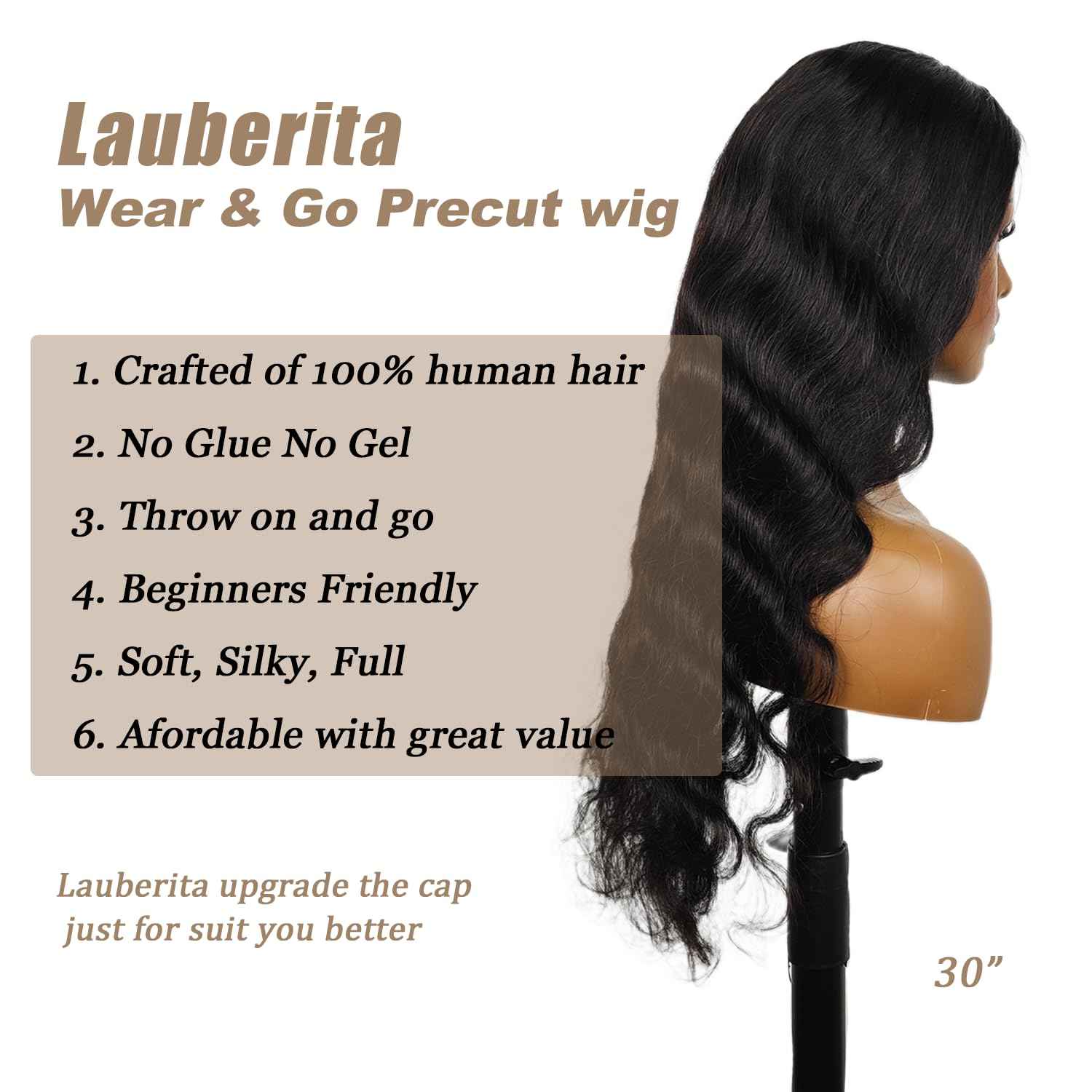 Lauberita 30 Inch 5x5 HD Lace Closure Wigs Human Hair Glueless Wigs Pre Plucked Pre Cut for Beginners 180% Density Body Wave Lace Front Wigs Human Hair Glueless Wear and Go