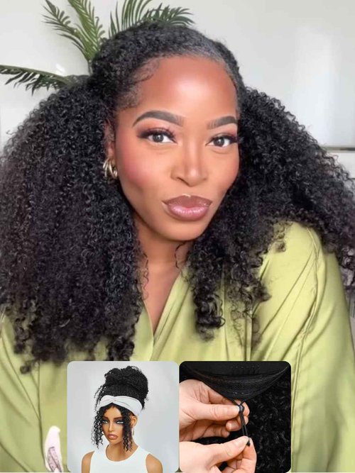Nadula Afro Kinky Curly Half Wig Human Hair 16 Inch - Glueless Drawstring Wig with 4C Blend Edges, No Leave Out Wear and Go, Natural Look Flip Over Style, Beginner Friendly & Ready to Go Half Wig