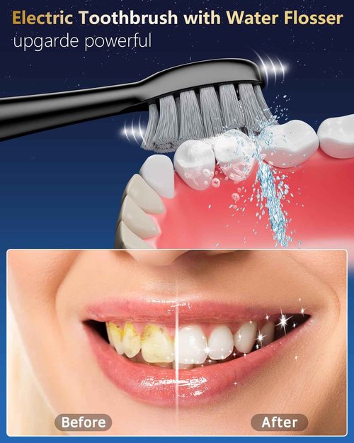 Electric Toothbrush with Water Flosser Combo, Professional Oral Care with 3 Brush Modes & 5 Water Pressure, Rechargeable Flossing Toothbrush for Adults Teeth Cleaning, Cordless for Home&Travel, Black