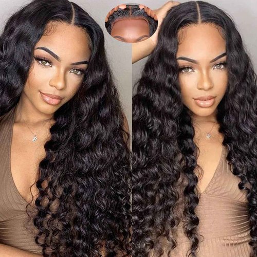 Bugtum Deep Wave Curly 5x5 Hd Lace Closure Glueless wigs Human Hair Pre Plucked Pre Cut Wear and Go Lace Front Wigs for Black Women Natural Black (28 Inches)