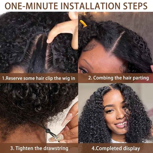 V Part Curly Wig Human Hair 200% Density Upgrade U Part Wig with Adjustable Drawstring No Leave Out Glueless V Shape Full Head Clip In Half Wig Human Hair Wig for Black Women Natural Color 16 Inch