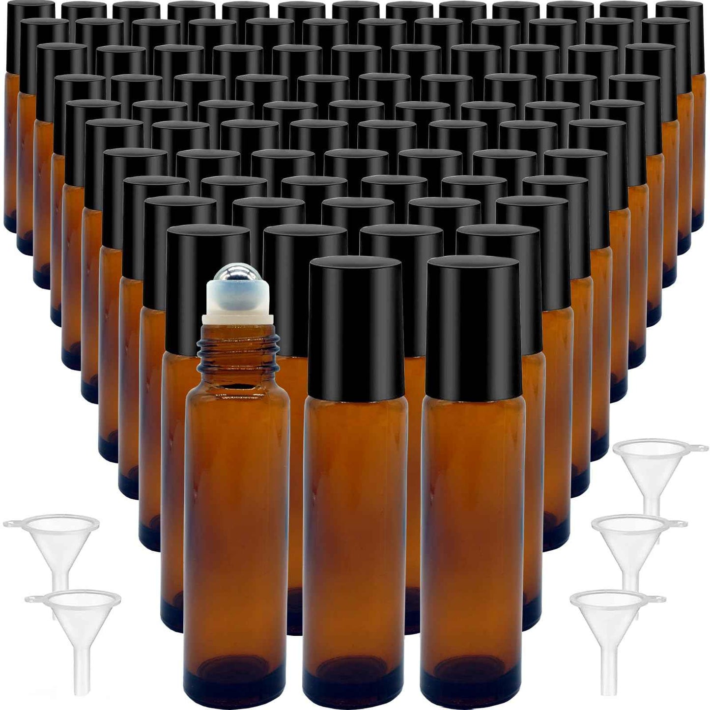 Hzmssore 100 Pcs Essential Oil Roller Bottles 10ml Empty Glass Roller Bottles with Stainless Steel Roller Balls Protection Leakproof with 5 Funnel for Travel, Roller Balls For Essential Oils(Brown)