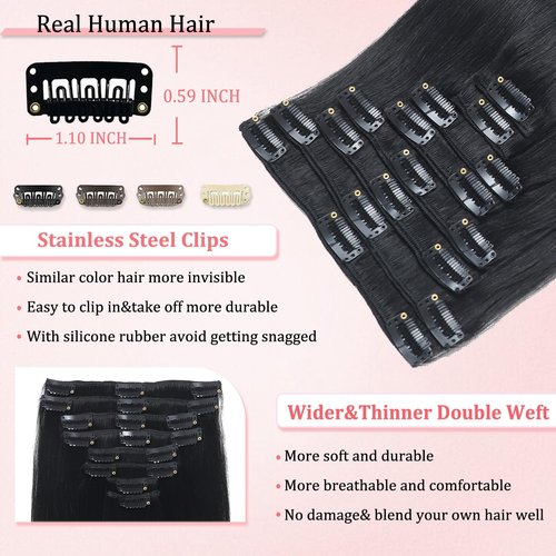 Clip in Hair Extensions Real Human Hair Clip in Extensions for Women Seamless Invisible Jet Black Natural Remy 100% Human Clips ins Extension 8pcs Double Weft 20 inch 3.7oz/105g