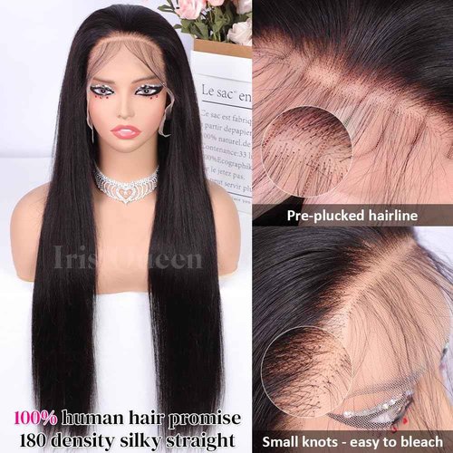Iris Queen 13x4 HD Straight Lace Front Wigs Human Hair Pre Plucked 12A 180 Density Brazilian Transparent Lace Frontal Wig for Black Women with Baby Hair Natural Black Color (20 inch)