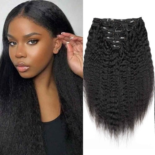 WZVHAIR Clip in Hair Extensions Kinky Straight Clip in Hair Extensions 100% Virgin Human Hair 7pcs with 16Clips 120g/set Natural Black Yaki Straight (Kinky Straight, 20 Inch)