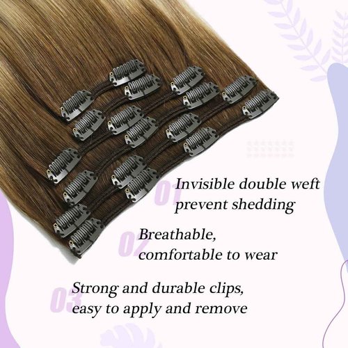 Sindra Clip in Hair Extensions Balayage Darker Brown to Ash Brown Highlights Golden Blonde 16 Inch 100g 6pcs Hair Extensions Clip Ins Remy Thick Ends #3/8/22 16''