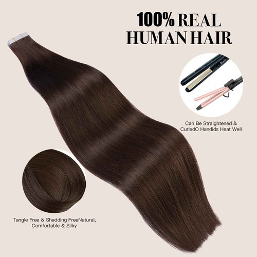 Tape in Hair Extensions ，Real Human Hair Extension,Chocolate Brown Human Hair 20 inch 20pcs 50g,Thick Ends Straight Seamless, Invisible Tape in Hair Extensions Human Hair