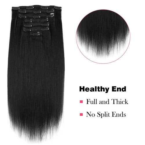 Sassina 22 Inch Yaki Clip in Hair Extensions Human Hair Double Wefts Remy Straight Clip in Hair for Black Women 7 Pieces 17 Clips 120 Grams Jet Black #1