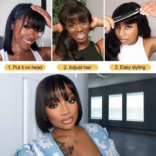 Benehair 14 Inch Light Yaki Straight Human Hair Wig Bob Wig with Bangs 2.75x1 Realistic Look Lace Glueless Wigs Human Hair Blunt Cut Short Black Bob Wig with Bangs 180% Density Natural Black