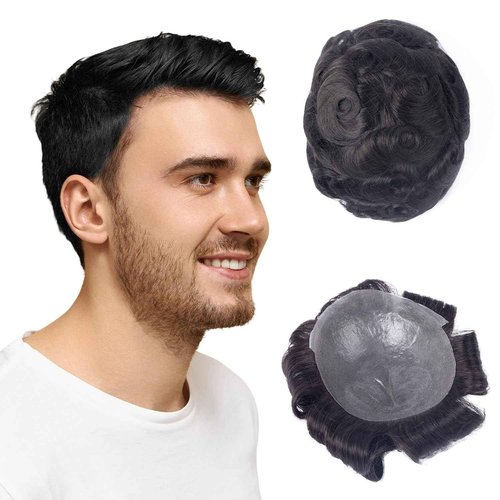 CARA Human Hair Toupee for Men, 8 x 10 inches, Ultra Thin Skin 0.04mm, V-loop, Medium Light Density, Color 1b (8X10 Simple bag packaging)