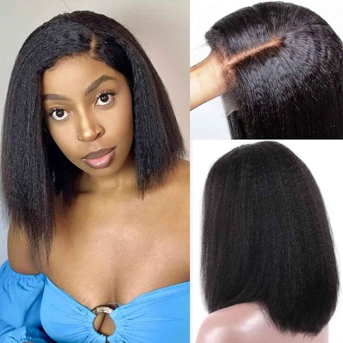 MOOTAFUL Bob Wig Human Hair 13x4 Lace Front Wig Human Hair Pre Plucked 200% Density Short Bob Yaki Straight Wig with Baby Hair Glueless Kinky Straight Wig for Black Women 10 Inch