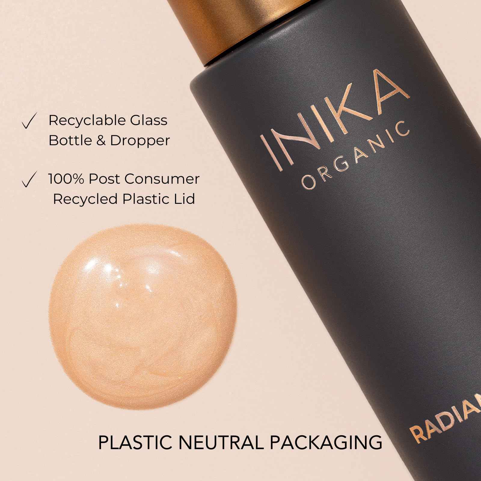 INIKA Organic Radiant Glow | Illuminate & Prime. Dewy, radiant Finish. Beautifying Primer, Nourishing Moisturiser, Finishing Highlighter. 100% Natural, 72% Organic Ingredients. Alcohol Free. 30mL