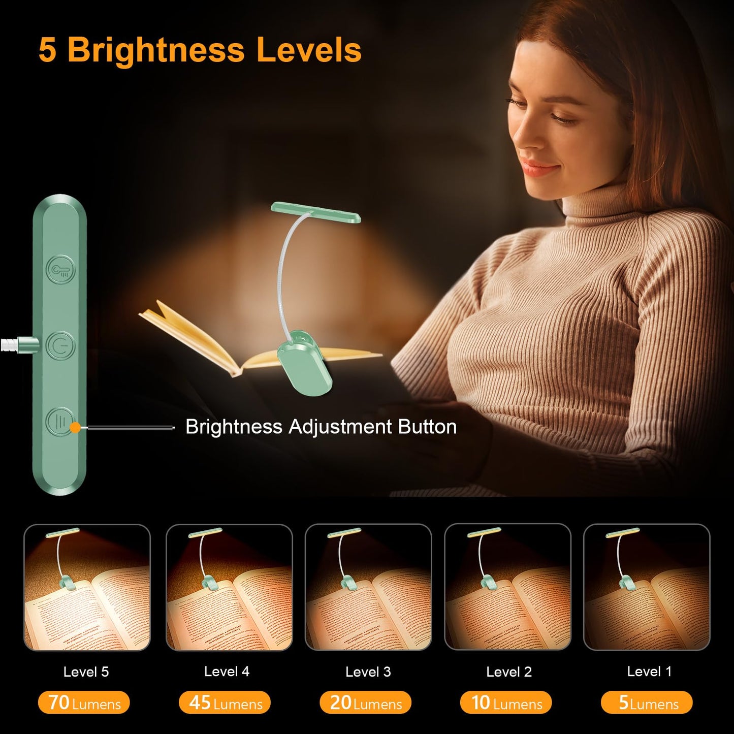 Gritin Rechargeable Book Light for Reading in Bed with 19 LED &Memory Function-Eye Caring 3 Color Temperatures,5 Brightness Levels,80 Hrs Runtime Flexible Goose Neck Clip on Light-Cyan