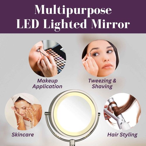 JERDON Wall-Mounted Makeup Mirror with LED Lighting - Lighted Makeup Mirror with 8X Magnification & Nickel Finish Wall Mount - Model HL75N