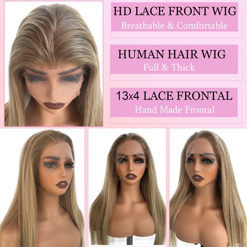 Valiilo Balayage Ash Blonde Wig Human Hair Glueless 13x4 Lace Front Wigs Pre Plucked 18 Inch Straight Ash Brown to Ash Blonde with #60 Blonde Highlight Wig 180% Density
