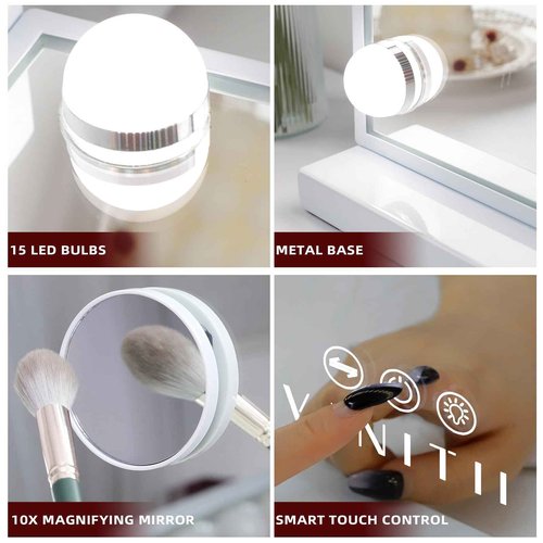 VANITII Hollywood Vanity Mirror with Lights USB Charging 22.8”*18.1” Lighted Makeup Mirror with 15 LED Bulbs Dimmable 3 Modes Tabletop for Cosmetic