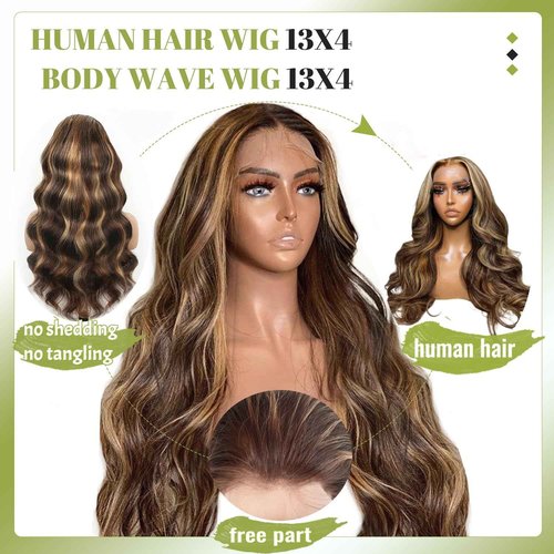 Valiilo Ombre Lace Front Wigs Human Hair 13x4 Highlight 4/27 Body Wave Wig Pre Plucked Honey Brown Blonde Wig Human Hair with Free Part 180% Density Glueless Colored Wig for Women 22 Inch