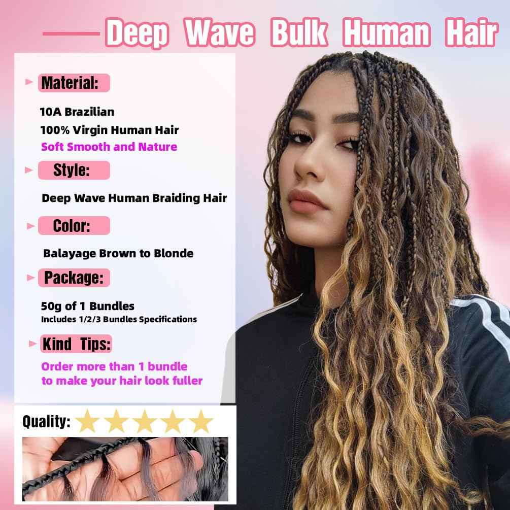 Human Braiding Hair, 3 Bundle 150g 20 Inch Boho Braids Human Hair 15A Deep Wave Bulk Brazilian Virgin No Weft Wavy Hair Extension for Boho Knotless Balayage Brown to Blonde