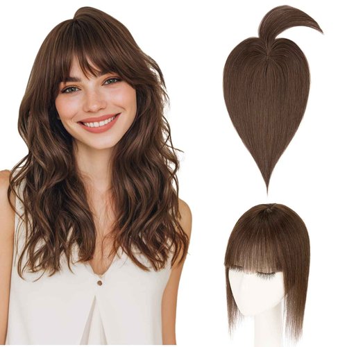 Hairro Mono Hair Toppers with Bangs, 3.4" x 3.4" Mono Base 100% Real Human Hairpieces for Women, 150% Density Clips In Topper for Greyish Thinning Hair, 10 Inch Dark Brown