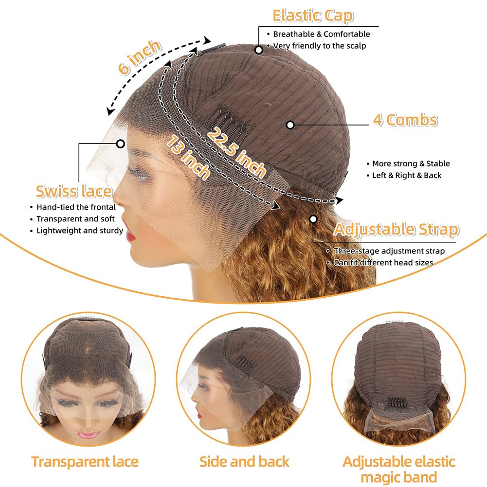 13x6 Highlight Lace Front Wig Ombre Deep Wave Lace Front Wig Pre Plucked With Baby Hair 180% Density Honey Blonde Curly Human Hair Glueless Wigs for Women (24 inch)