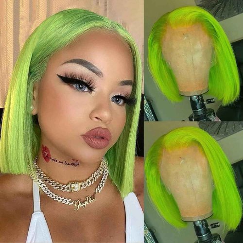 Bob Wig Human Hair Lace Front Wigs Lime Green 13x4 HD Lace Front Wigs Human Hair Pre Plucked Glueless Wigs for Black Women 8 Inch Bob Wig Brazilian Virgin Human Hair Lace Front Wigs 180% Density