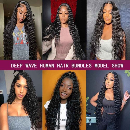 Deep Wave Human Hair Bundles- 20/22/24 Inch Curly Deep Wave Bundles Unprocessed Brazilian Virgin Wet and Wavy Bundles human hair 12A Hair Extensions Real Human Hair for Woman Natural Color Full, Soft
