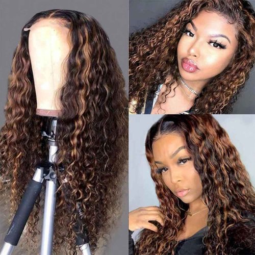 Super idol Ombre Highlight Lace Front Wigs Human Hair 1B/30 Black and Brown Deep Wave Wigs Honey Blonde Human Hair Pre Plucked with Baby Hair 150% Density (1B/30 Highlight Wig, 18 Inch)