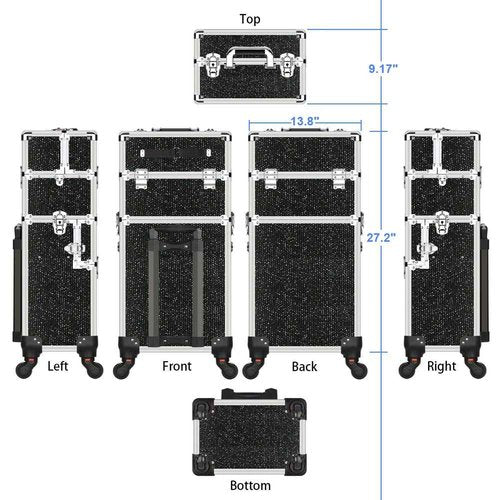 OUDMAY Makeup Case - 2 In 1 Aluminum Professional Rolling Cosmetics Storage Organizer With Locks and Folding Trays Black Diamond