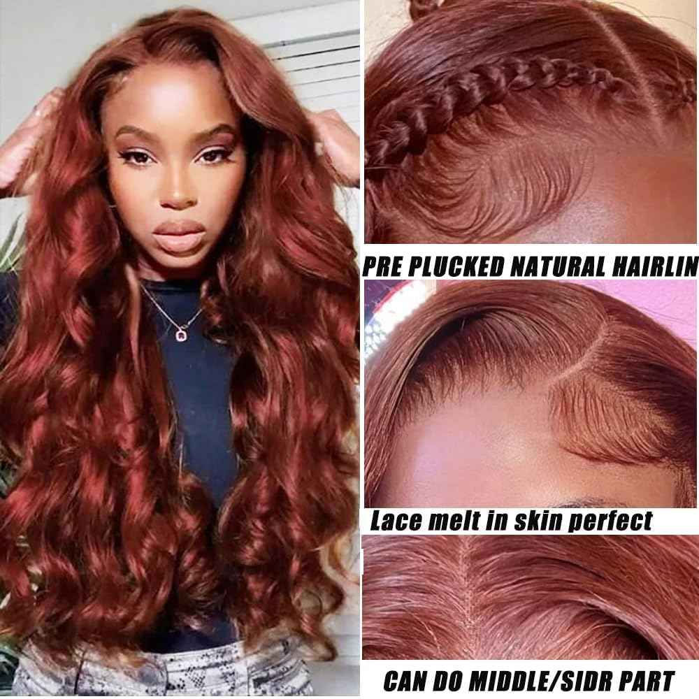 Geoyern Reddish Brown Lace Front Wig Human Hair Body Wave 13x4 HD Lace Front Wig Pre Plucked 200% Density for Black Women Copper Red Colored Body Wave Human Hair Wig (Frontal wig 33#, 24 Inch)