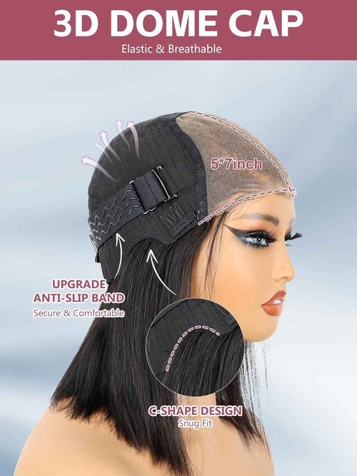 ORIGINAL QUEEN OQ Hair Glueless Wigs Human Hair Bob Straight Side Part 5X7 Pre Plucked Pre Cut Pre Bleached Wear and Go Wigs Human Hair Short Straight Bob Wigs for Women 12Inch