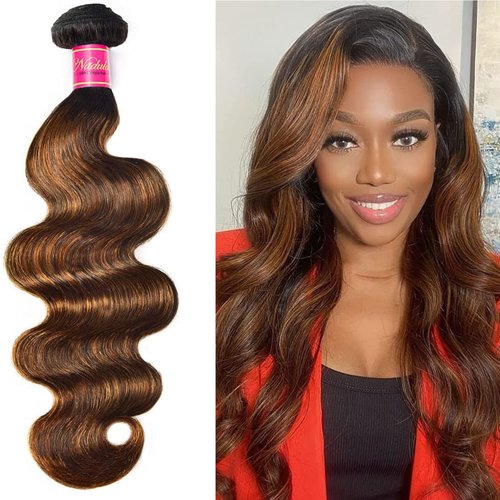Nadula 12A Highlight Brown Ombre Body Wave Human Hair Weave 1 Bundle 20inch,Balayage Colored Brazilian 100% Remy Human Hair Wavy Bundles Extensions Blonde #FB30 Color