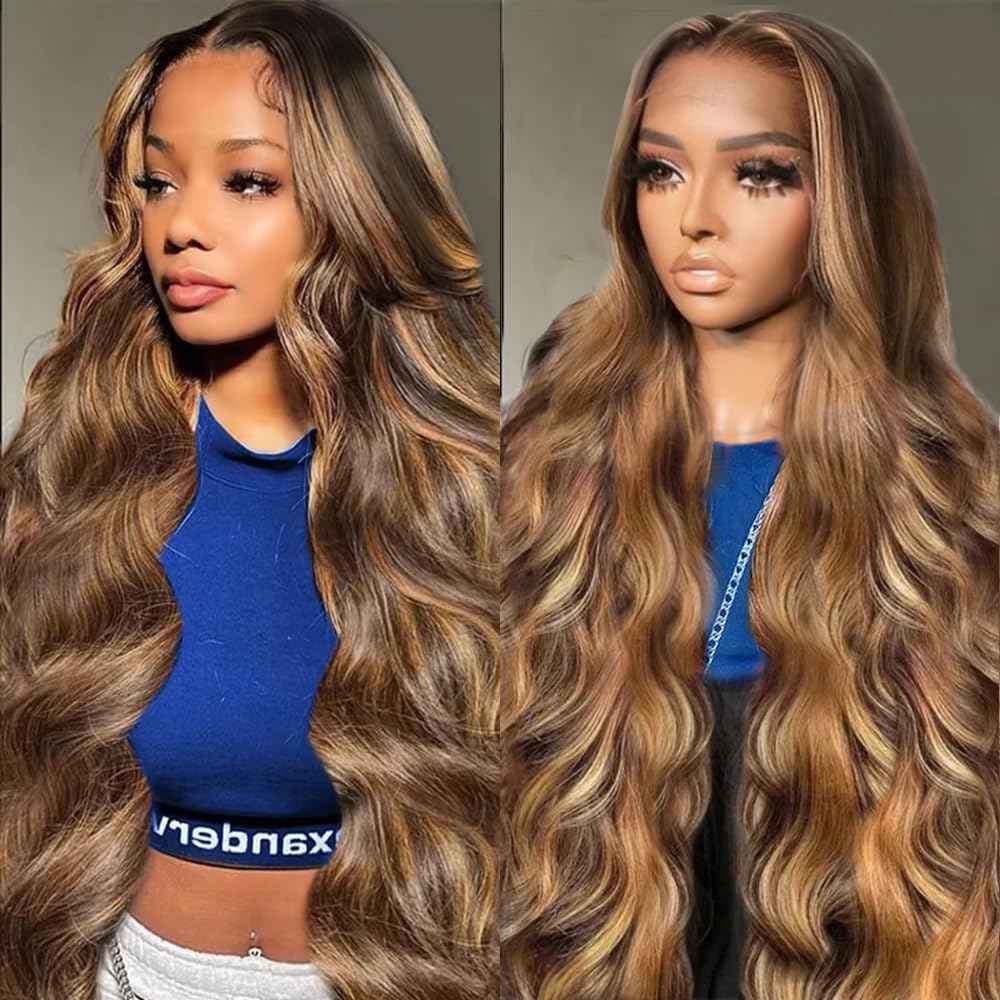 Highlight Ombre Lace Front Wig Human Hair 26In Honey Blonde Wig Human Hair Body Wave Lace Front Wigs Human Hair 180 Density Frontal Wigs Human Hair for Women 4/27 Colored Pre Plucked with Baby Hair