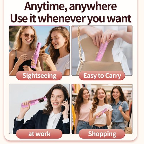 Feitenn Premium Diamond Cordless Hair Straightener Curler - Wireless Styling Iron for Travel,5000mAh Fast USB-C Charge, 3 Heat Settings, Quiet Frizz-Free Hair Care, Gift for Women (Pink)