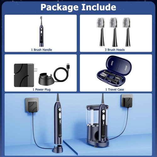 Electric Toothbrush with Water Flosser, Upgrade Flossing Toothbrush Combo, 5 Floss Speeds&3 Brush Modes, 500mL Tank, 30-Day Battery, for Adults & Teens, Gums, Braces, Dental Care,Off-Blue