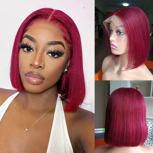 newnavat 99j Burgundy Lace Front Wigs Human Hair 14 Inch Bob Red Bob Wig Human Hair Red Straight Lace Front Wigs Human Hair 13x4 HD Lace Frontal Wig Wine Red Human Hair Wigs for Women