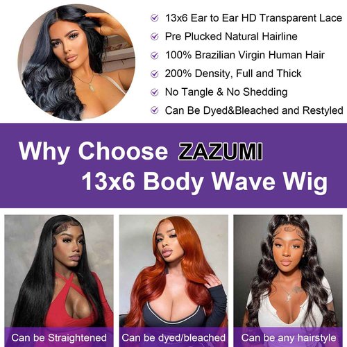 Zazumi 32 Inch 13x6 Body Wave Lace Front Wigs Human Hair 200 Density HD Transparent Lace Frontal Human Hair Wig for Black Women Glueless Wigs Human Hair Pre Plucked